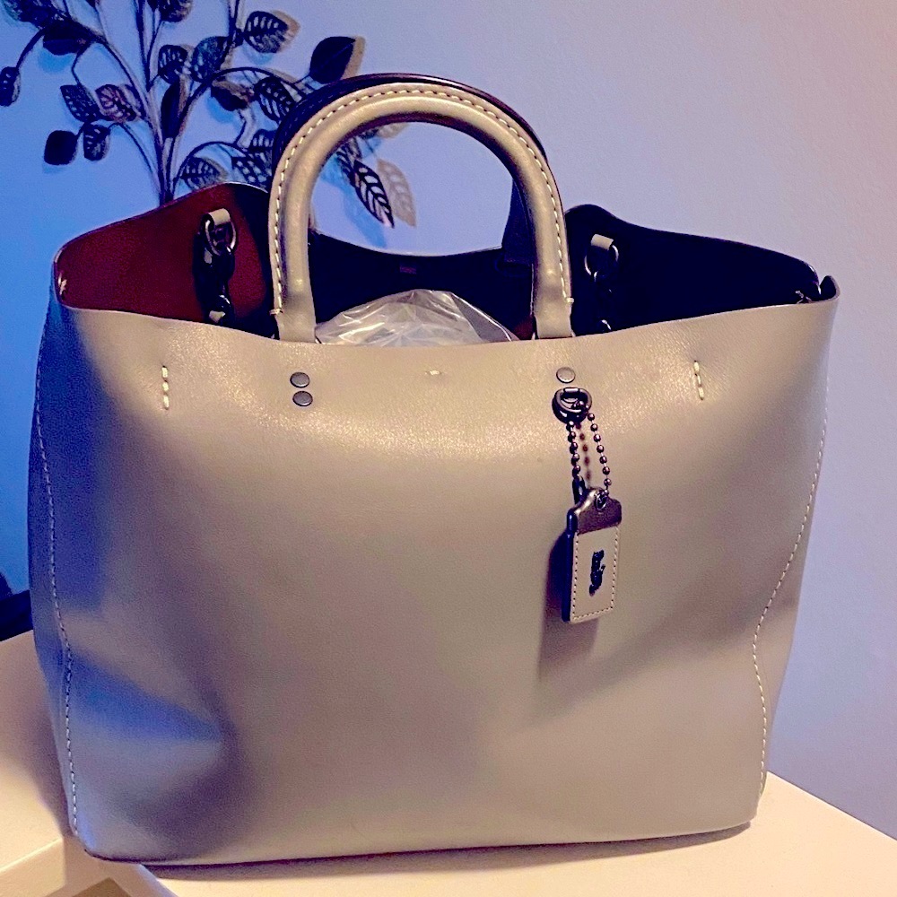 Coach Leather Tote in Light Gray with Burgundy Interior